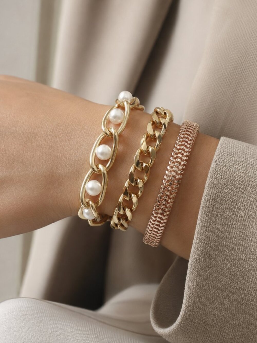 NWT Gold Pearl Chain Bracelet Set of 3